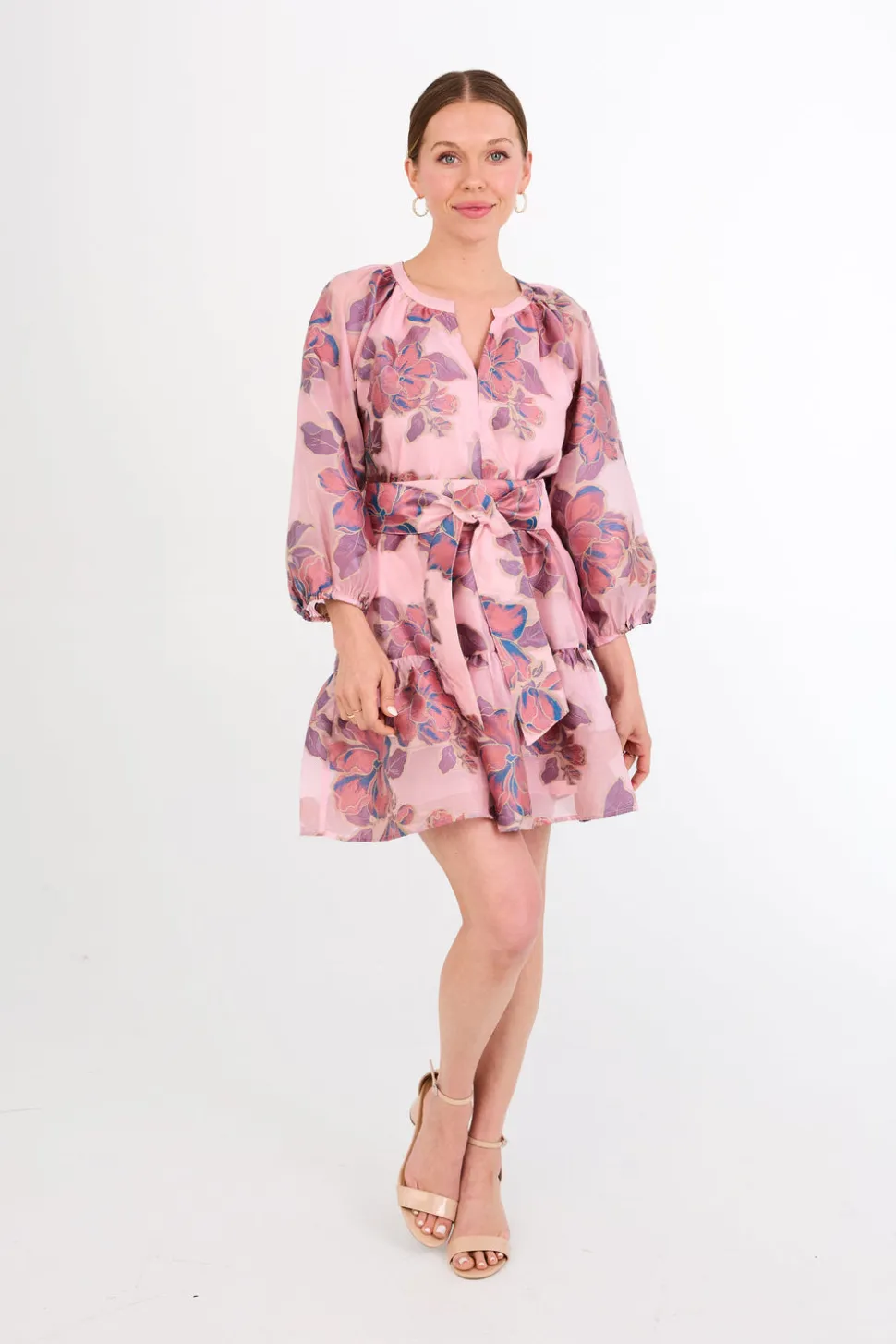 Elise Mini Dress in Pink Peony Organza