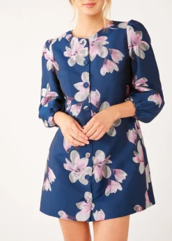 Ellen Dress Blue Plumeria Jacquard