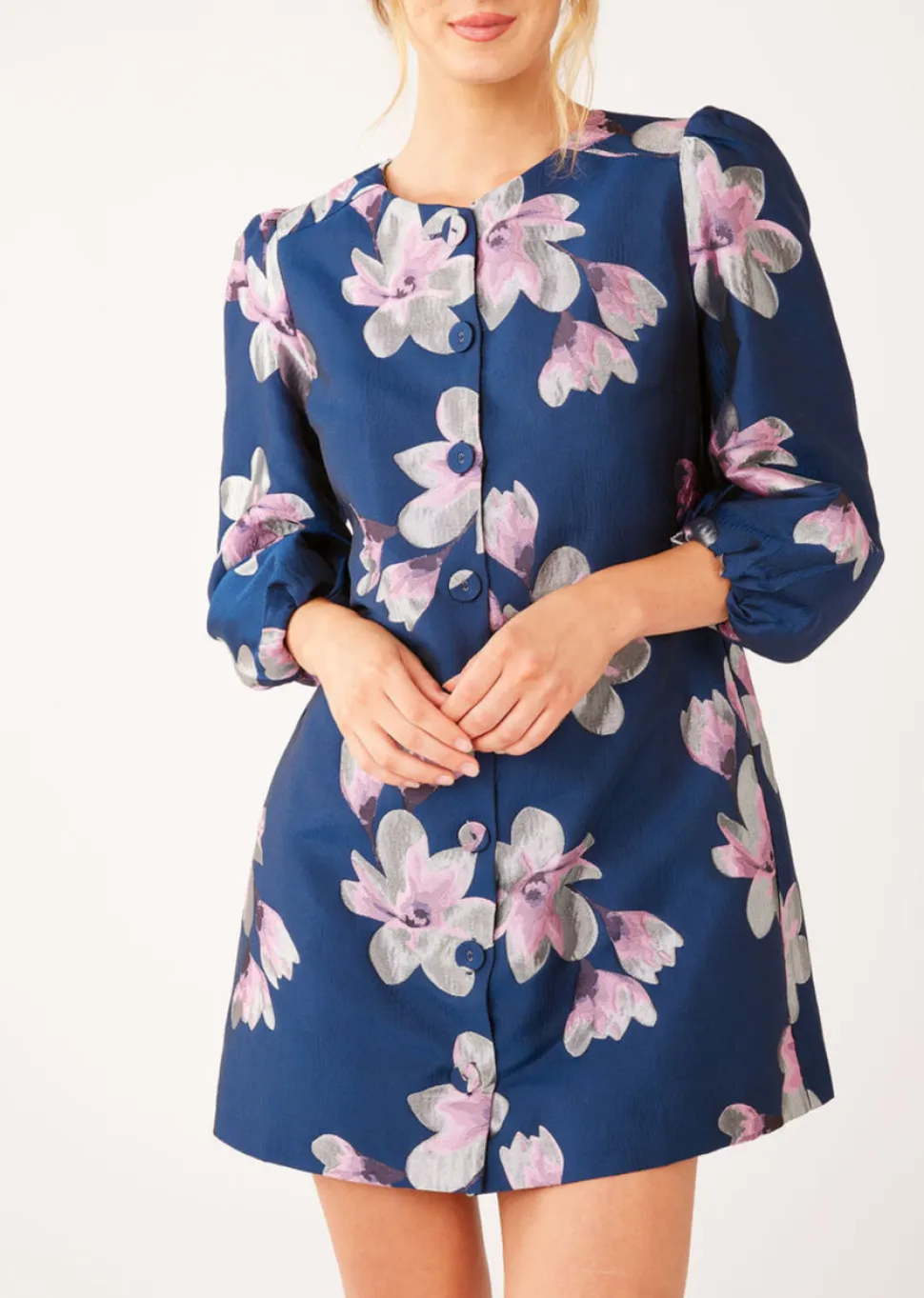 Ellen Dress Blue Plumeria Jacquard