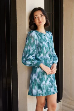 Ellen Dress Teal Ikat Chiffon