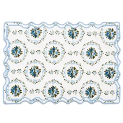 Elodie Placemat and Napkin Set with Bows and Florals in Green with Light Blue Embroidery