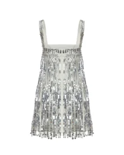 Elsa Dress in Ivory Silk Wool with Silver Fringe