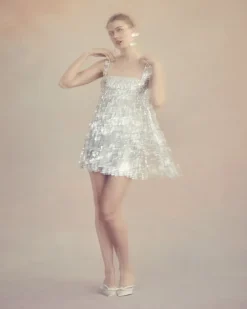 Elsa Dress in Ivory Silk Wool with Silver Fringe