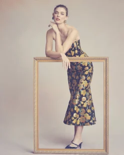 Elys Skirt in Metallic Citrine Brocade