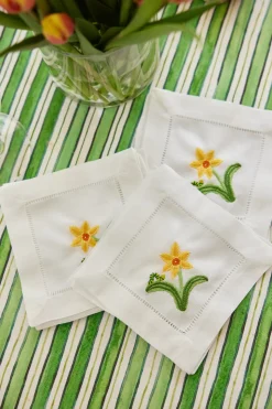 Embroidered Daffodil & Inch Worm Cocktail Napkins, Set of 4