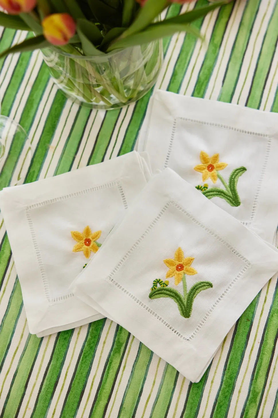 Embroidered Daffodil & Inch Worm Cocktail Napkins, Set of 4