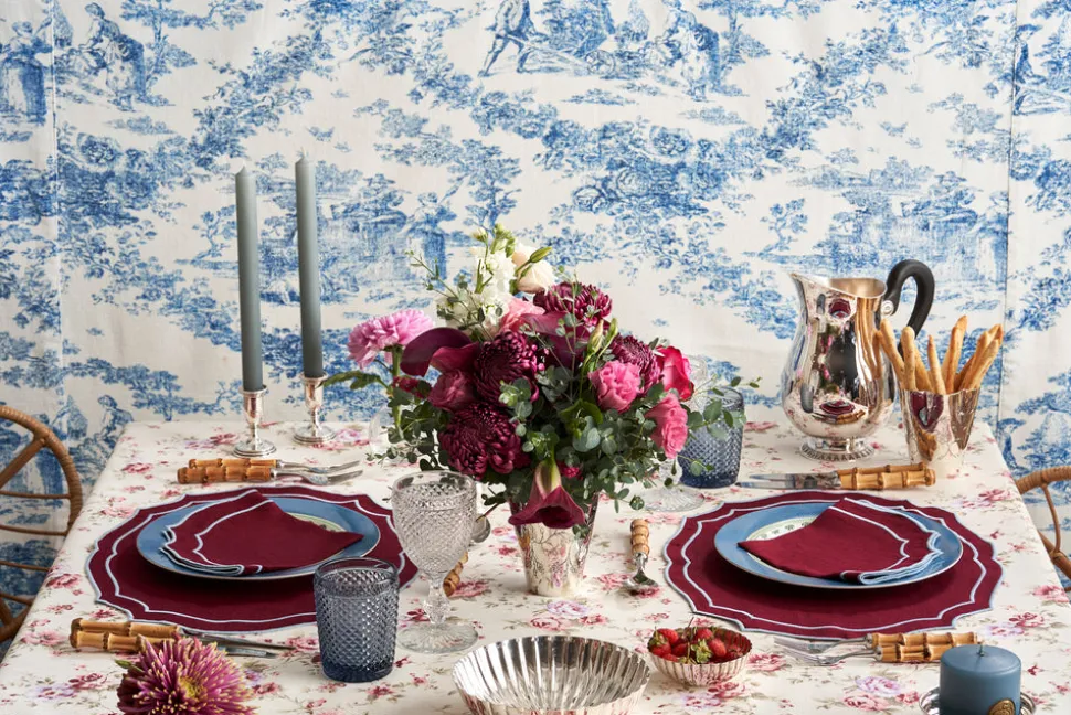 Emma Linen Placemat in Burgundy with Light Blue Embroidery