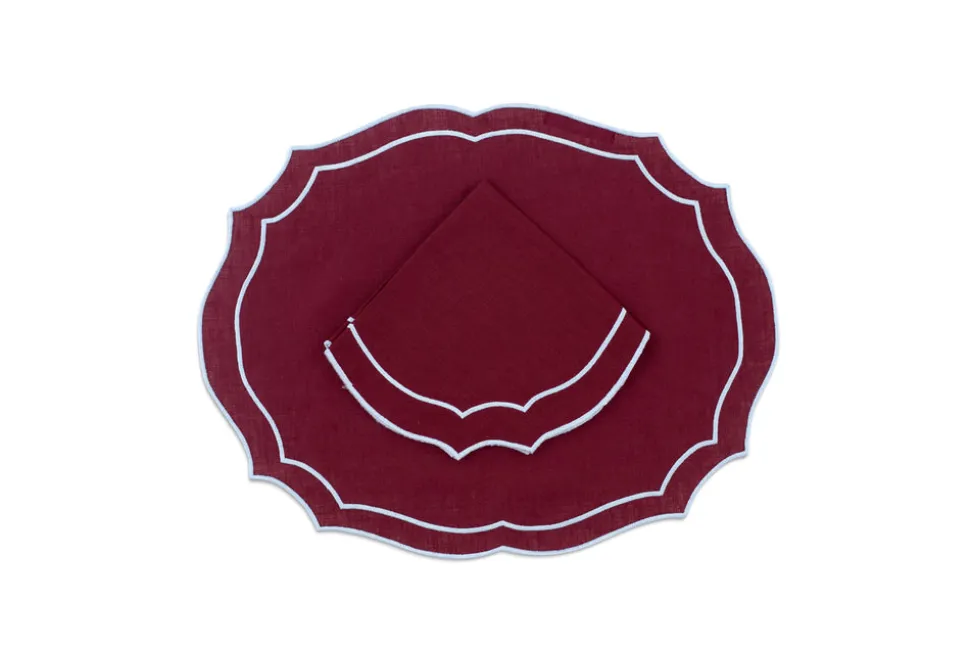Emma Linen Placemat in Burgundy with Light Blue Embroidery