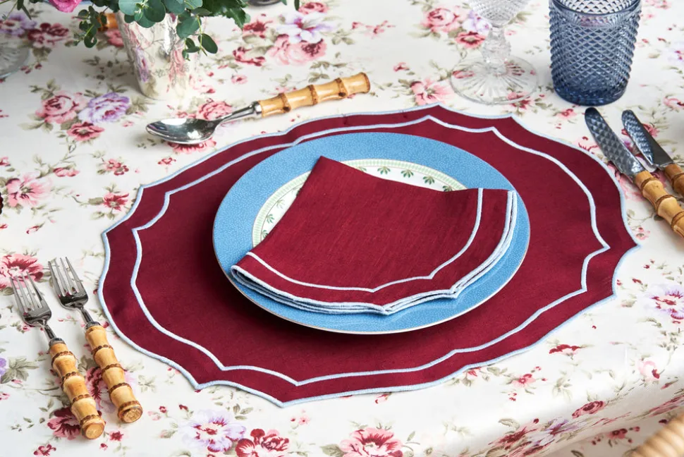 Emma Linen Placemat in Burgundy with Light Blue Embroidery