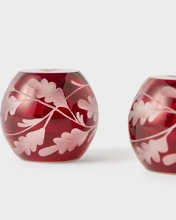 Engraved Oak Leaf Salt and Pepper Set in Burgundy