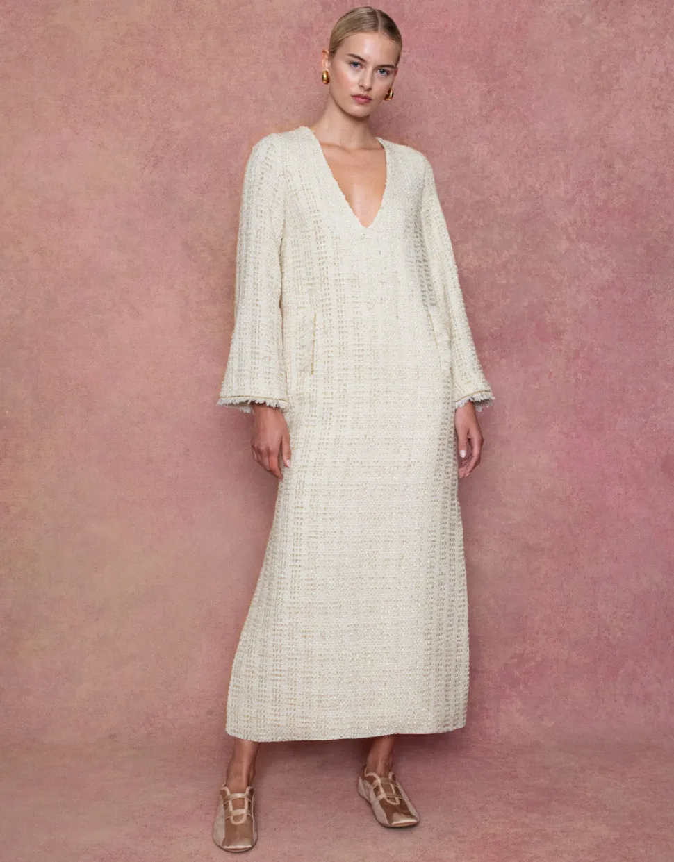 Eponine Tweed Maxi Dress in Cream