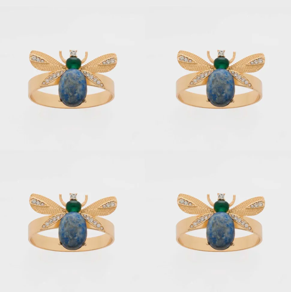 Etched Wing Big Skinny Napkin Rings in Lapis Lazuli, Set of Four