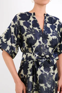 Evelyn Dress in Ivory and Navy Floral Silhouette Jacquard