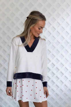 Farrah Pullover in White with Navy Trim