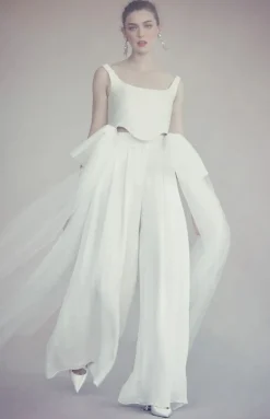 Felix Trouser in Ivory Silk Crepe with Chiffon Overlay
