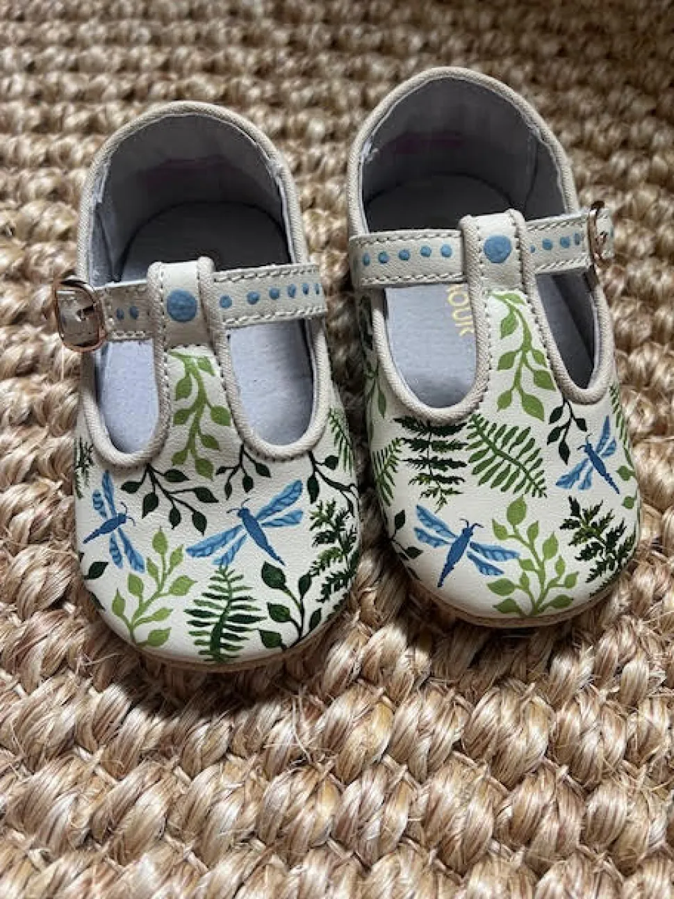 Fern and Dragonfly Hand-Painted Baby Shoes