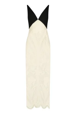 Floral Embroidered Tulle V Neck Sheath Dress in Black & Ivory