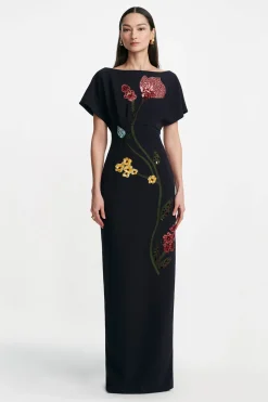 Floral Embroidery Savannah Gown in Navy