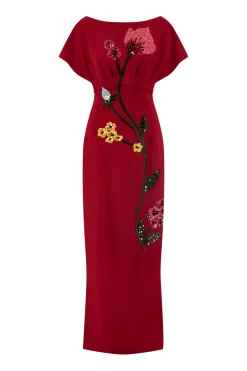Floral Embroidery Savannah Gown in Wine