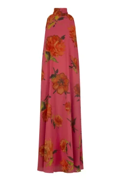 Floral Printed Chiffon Sleeveless Tie Neck Maxi Dress in Berry Multi