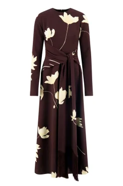 Floral Printed Crepe Long Sleeve Tie Waist Dress in Cocoa & Sunlight