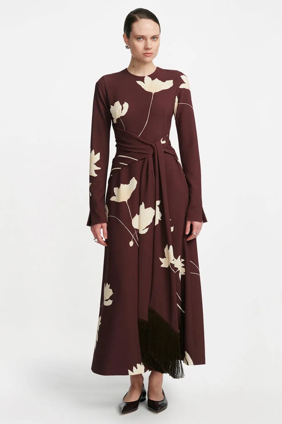 Floral Printed Crepe Long Sleeve Tie Waist Dress in Cocoa & Sunlight