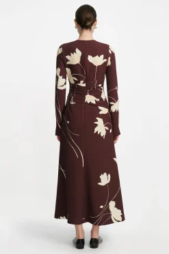 Floral Printed Crepe Long Sleeve Tie Waist Dress in Cocoa & Sunlight