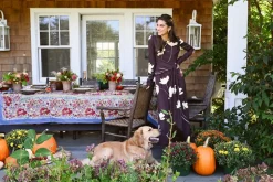 Floral Printed Crepe Long Sleeve Tie Waist Dress in Cocoa & Sunlight