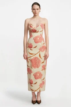 Floral Velvet Draped Bust Sheath in Pink Multi