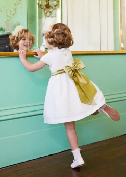 Flower Girl Dress in Ivory with Green Silk Sash