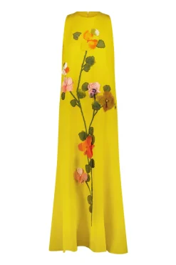 Fluid Crepe Floral Embroidery Francie Gown in Mustard Multi