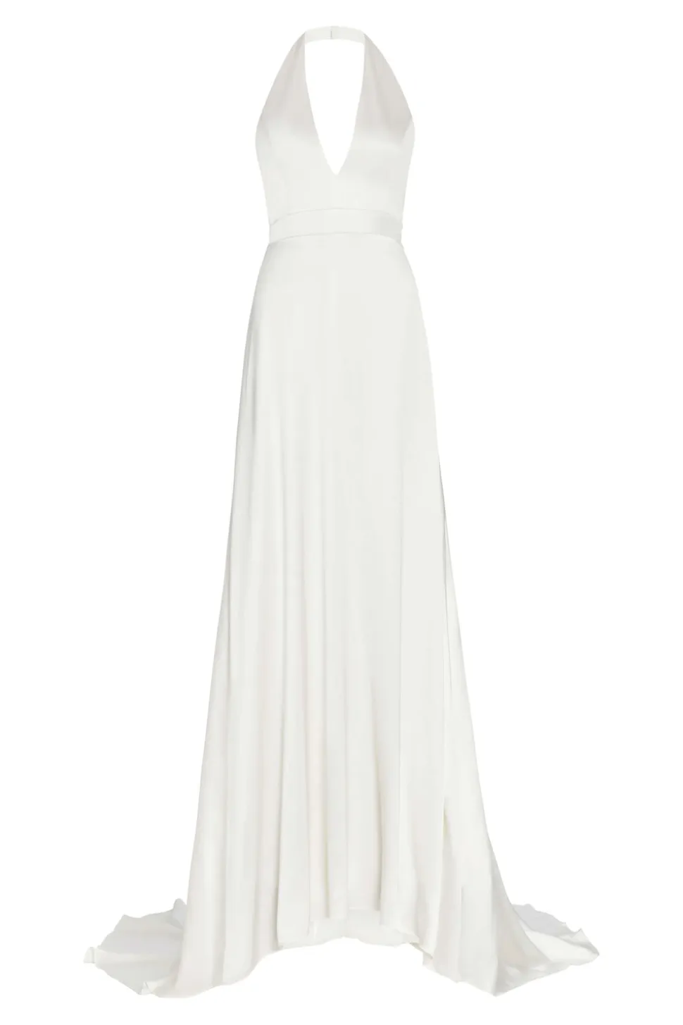 Francoise White Silk V-Neck Halter Gown With Train