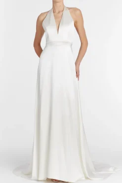 Francoise White Silk V-Neck Halter Gown With Train