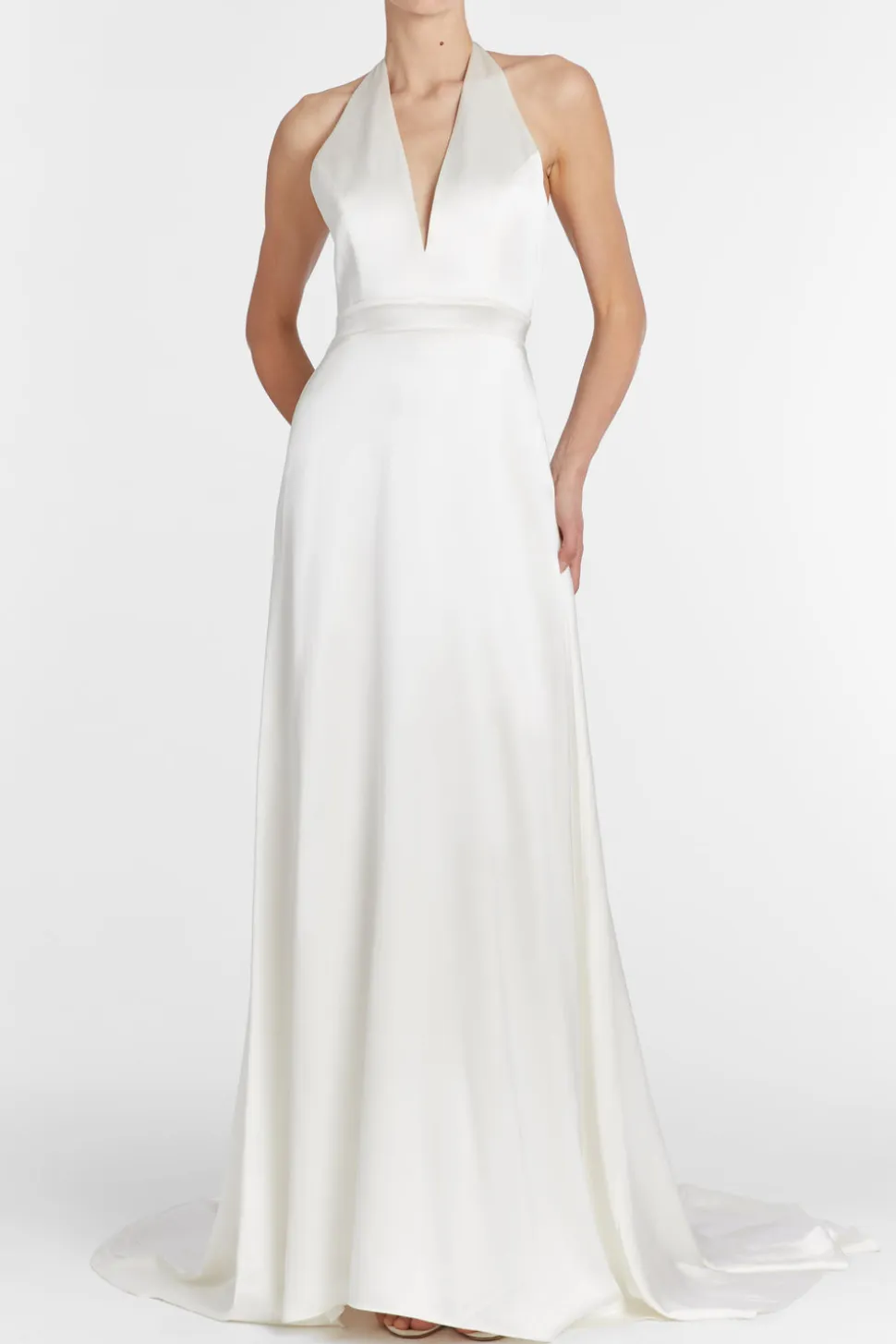 Francoise White Silk V-Neck Halter Gown With Train