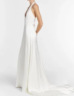 Francoise White Silk V-Neck Halter Gown With Train