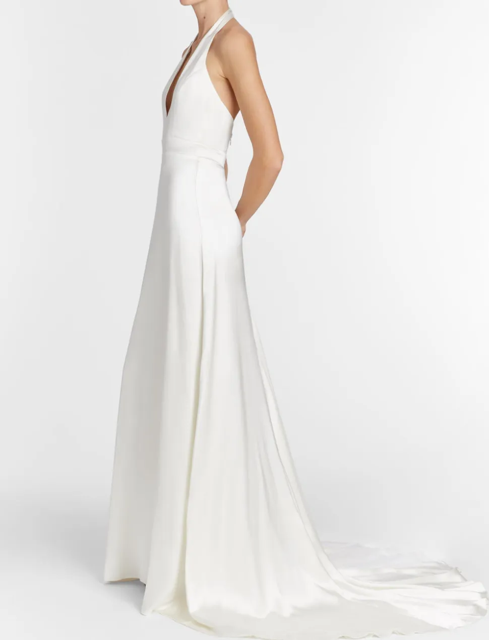 Francoise White Silk V-Neck Halter Gown With Train