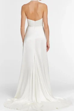 Francoise White Silk V-Neck Halter Gown With Train