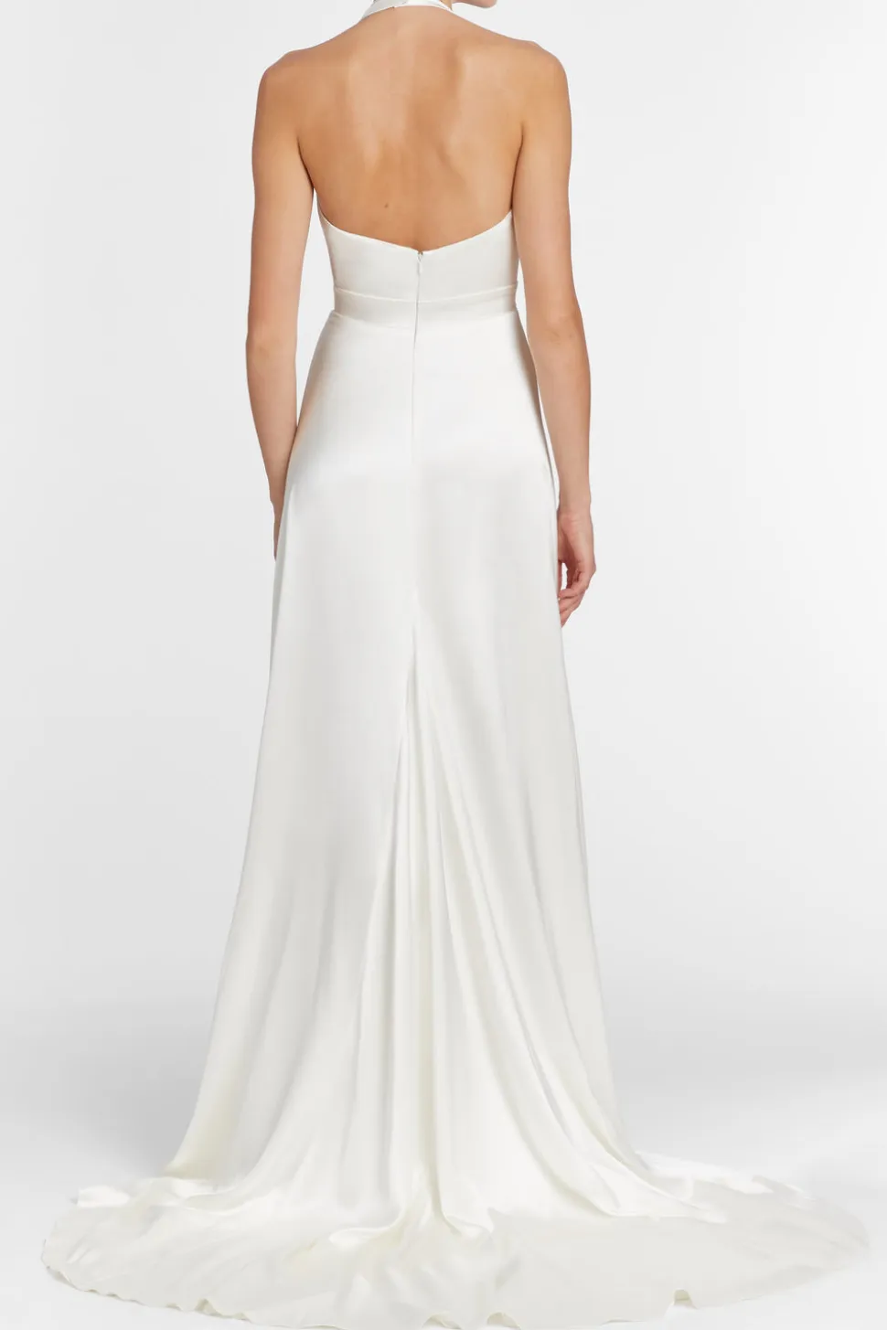 Francoise White Silk V-Neck Halter Gown With Train