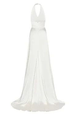 Francoise White Silk V-Neck Halter Gown With Train