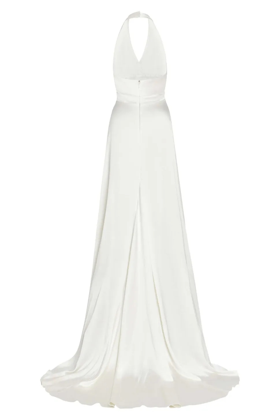 Francoise White Silk V-Neck Halter Gown With Train