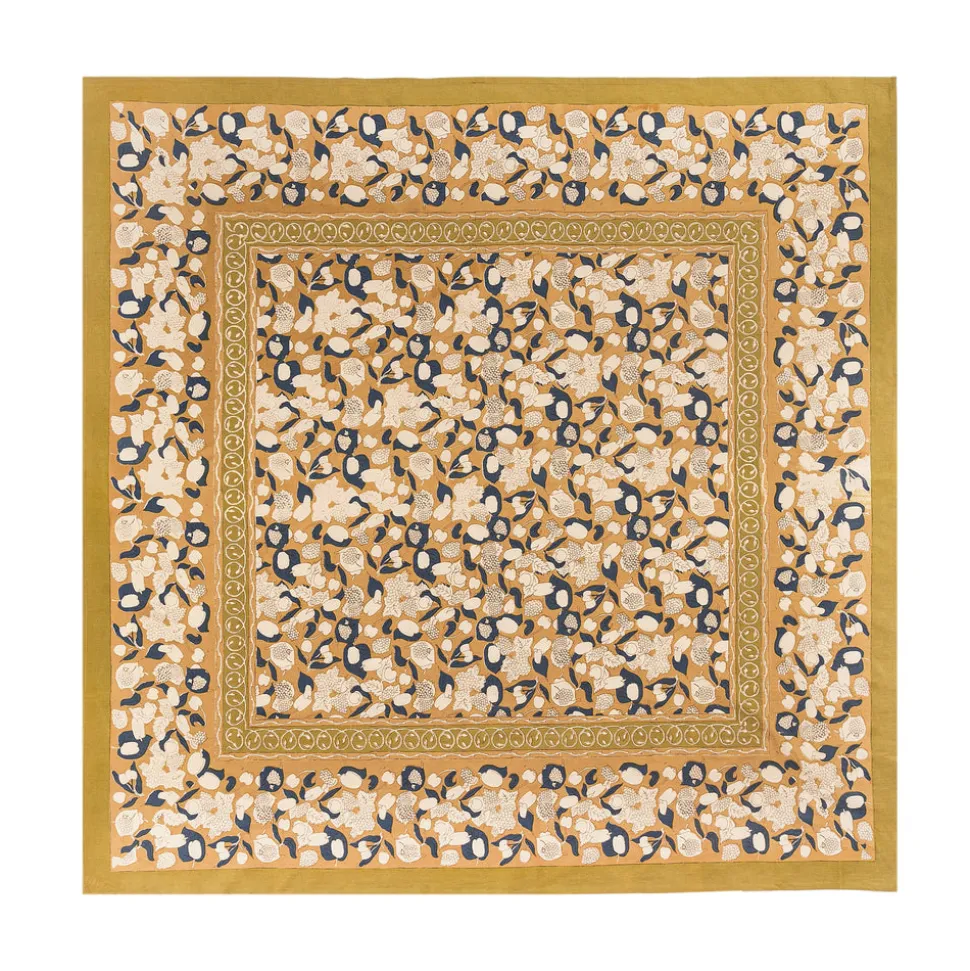 French Tablecloth Forest Harvest Mustard & Blue
