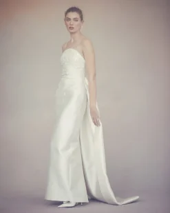 Gabi Gown in Ivory Silk Wool with Ivory Meadow Embellishment