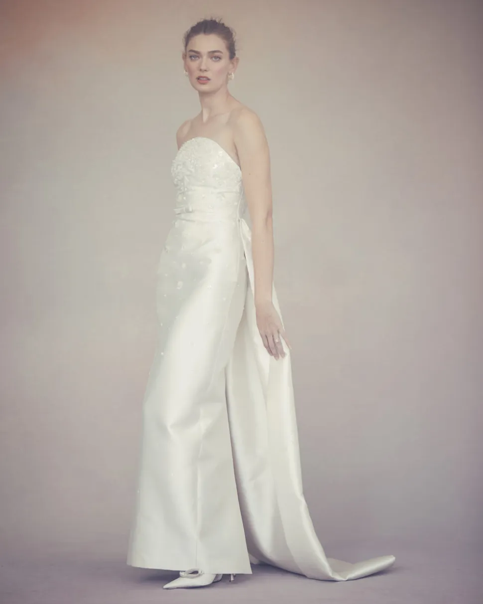 Gabi Gown in Ivory Silk Wool with Ivory Meadow Embellishment