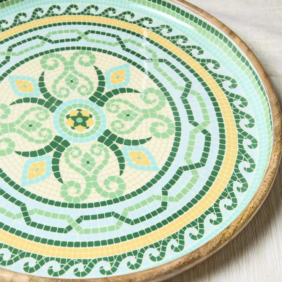 Garden View Hand-Crafted Wooden Round Trays with Enamel, Set of 2