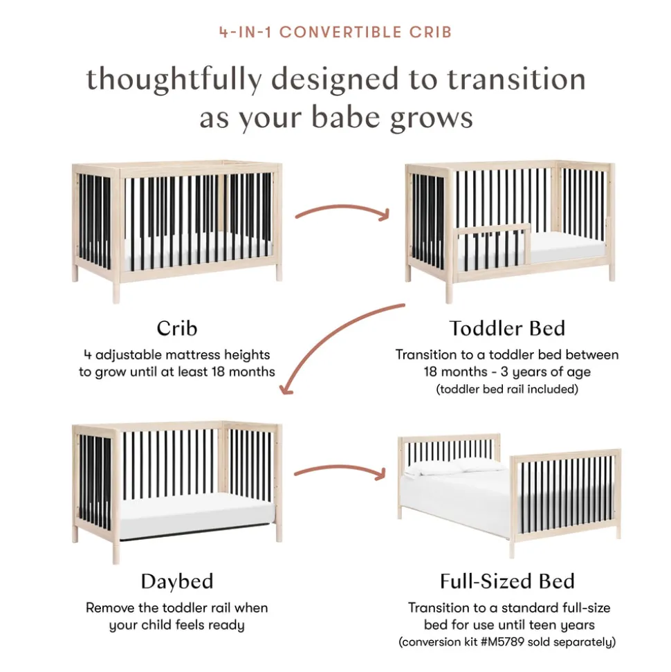 Gelato 4-in-1 Convertible Crib with Toddler Bed Conversion Kit in Washed Natural & Black
