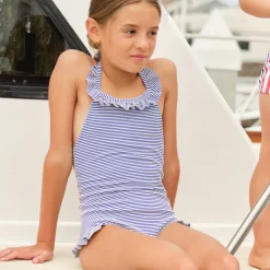 Girl’s Harbor Stripe Ruffle Halter One Piece