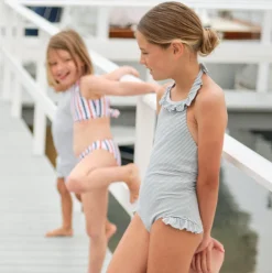 Girl’s Harbor Stripe Ruffle Halter One Piece