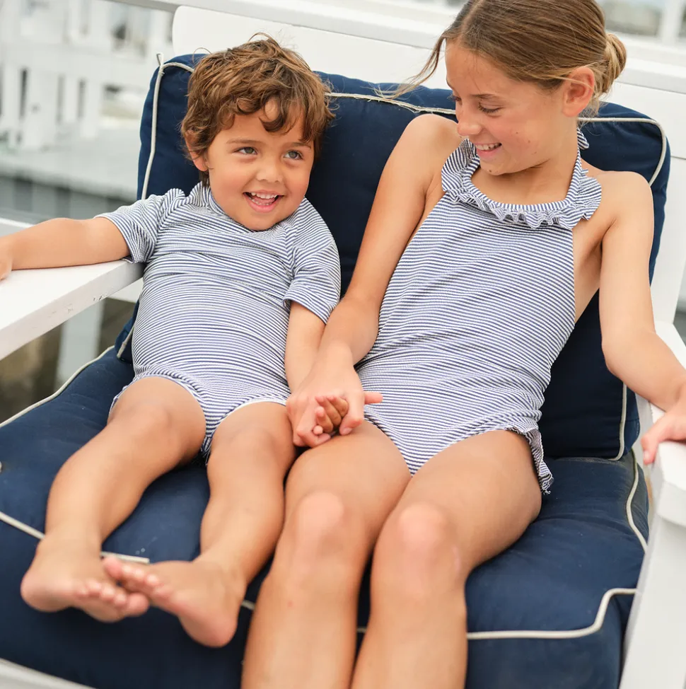 Girl’s Harbor Stripe Ruffle Halter One Piece