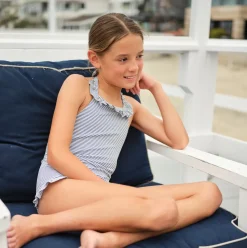 Girl’s Harbor Stripe Ruffle Halter One Piece