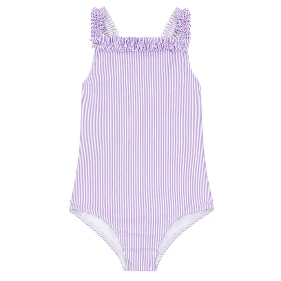 Girls Lavender Stripe Ruched Strap One Piece